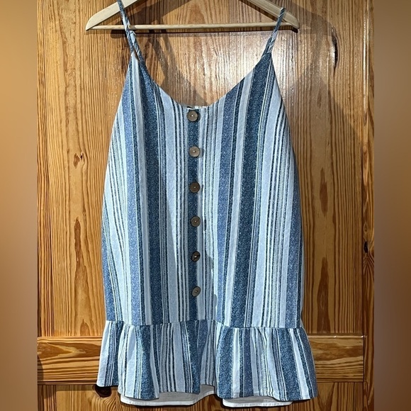 AS U WISH Coastal Blue Striped Spaghetti Strap Drop Waist Ruffle Hem DressTunic - Picture 1 of 14